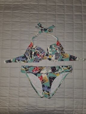 Victoria's Secret Printed Halter Bikini Set in Mint, Red, Yellow